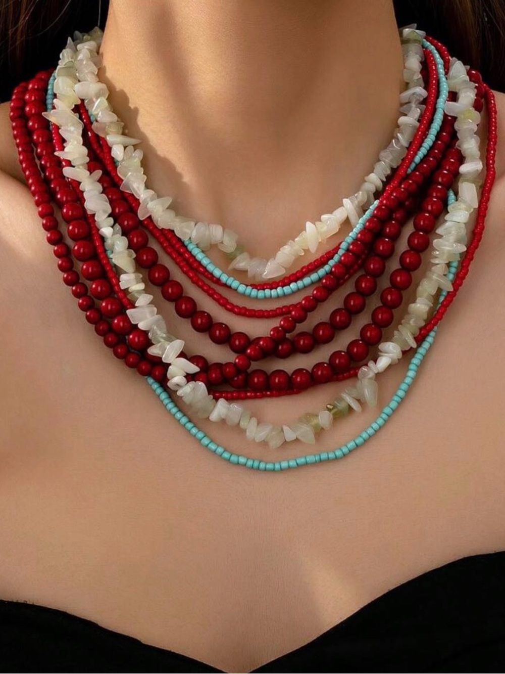Multi-Strand Beaded Necklace in Red Burgundy, ocean blue and green.